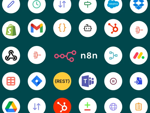n8n Workflow mit verbundenen System-Nodes für ERP, CRM und API-Integrationen